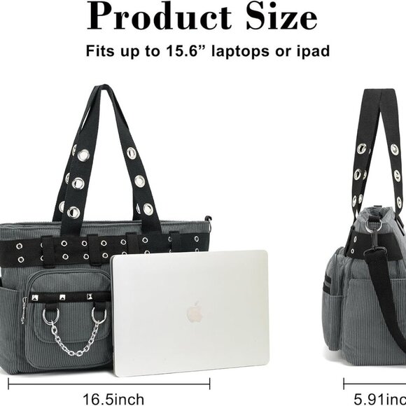 Corduroy Tote Bag Goth Bags for Women Large Gothic Goth Purse for College Work O - Picture 6 of 7